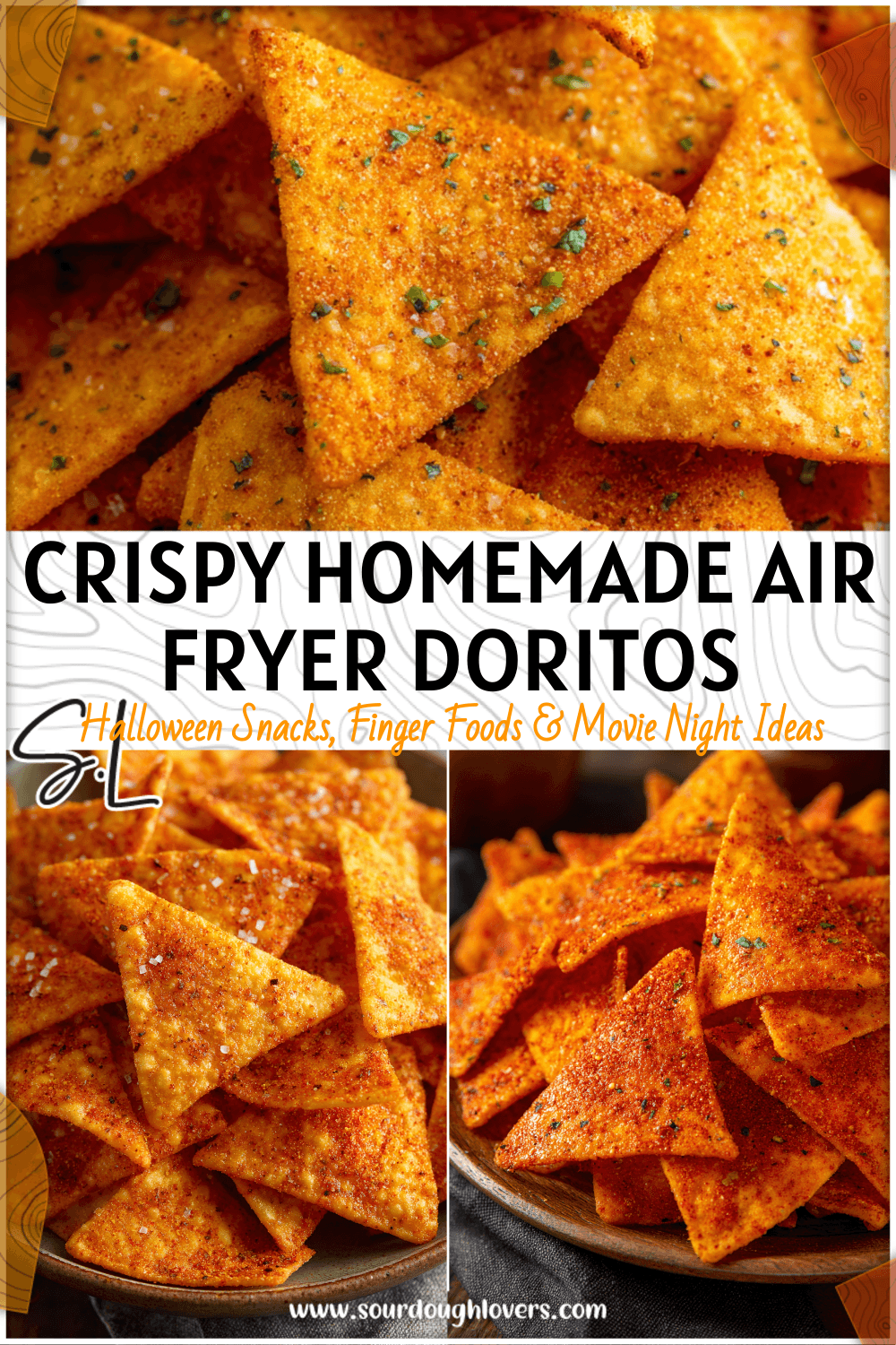 Golden air fryer Doritos chips sprinkled with Homemade Doritos Seasoning on a rustic plate.